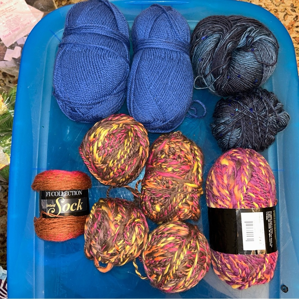 Lot of 10 Balls of Woolen Yarn in Blues and Yellow Multi Colored Colorways